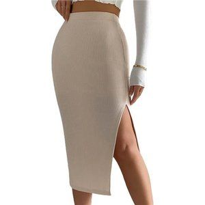 Verdusa Women's High Waist Slit Hem Rib Knit Midi Bodycon Skirt